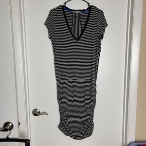 Athleta Black Striped Ruched Midi Dress